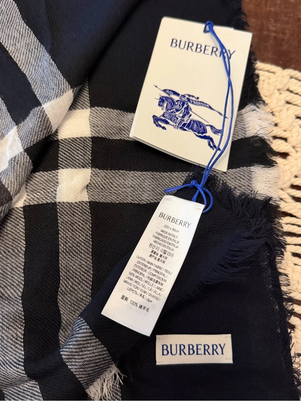 Burberry Men’s Giant Check Lightweight Wool Scarf in Ink - 78”x 35” - NWT